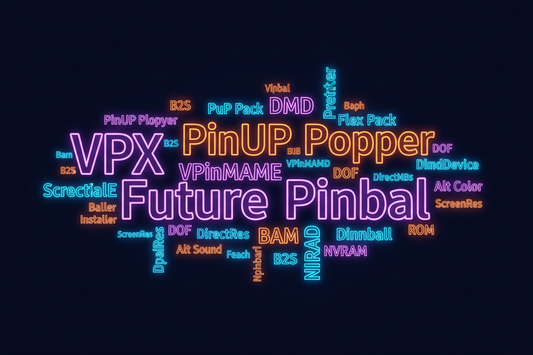 Word cloud of virtual pinball software utilities including VPX, PinUP Popper, VPinMAME, B2S, DMD, Baller Installer, and more